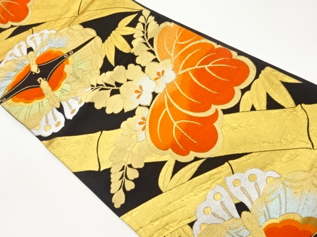 竹に向かい蝶・桐模様織出し袋帯